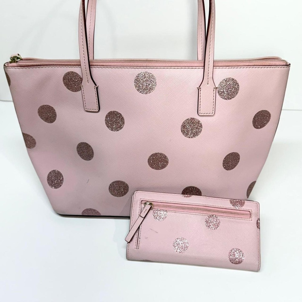 Kate Spade Pink Glitter Polka Dot Tote Bag and Wallet Set Saffiano Leather - Picture 3 of 7